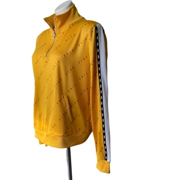 PINK VS Quarter Zip Up Track Jacket Gold w/ Blk Pink Ticking - Picture 5 of 11